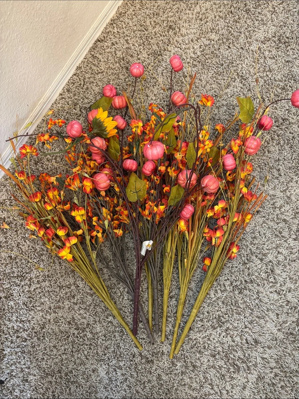 Autumn Pumpkin and Wildflower Faux Spray - Pink & Orange